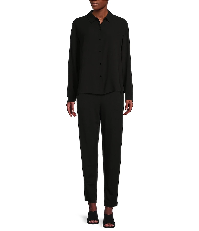 Eileen Fisher Petite Size Silk Georgette Crepe Point Collar Long Sleeve Button Front Shirt