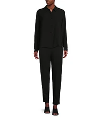 Eileen Fisher Petite Size Silk Georgette Crepe Point Collar Long Sleeve Button Front Shirt