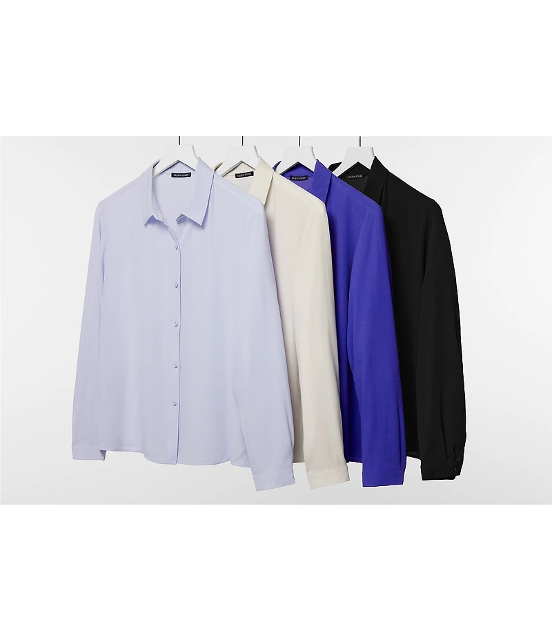 Eileen Fisher Petite Size Silk Georgette Crepe Point Collar Long Sleeve Button Front Shirt