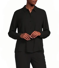 Eileen Fisher Petite Size Silk Georgette Crepe Point Collar Long Sleeve Button Front Shirt