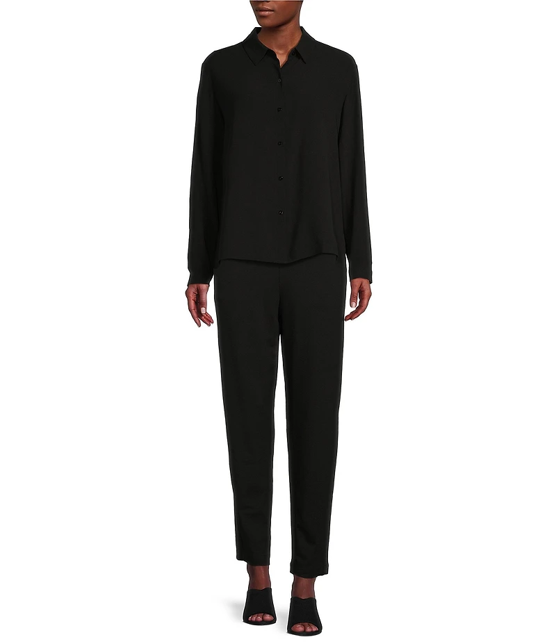 Eileen Fisher Petite Size Silk Georgette Crepe Point Collar Long Sleeve Button Front Shirt