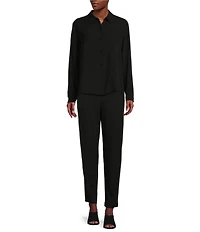 Eileen Fisher Petite Size Silk Georgette Crepe Point Collar Long Sleeve Button Front Shirt