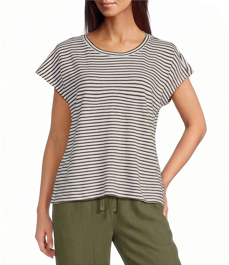 Eileen Fisher Petite Size Striped Organic Cotton Slub Knit Crew Neck Cap Sleeve Tee Top