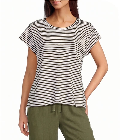 Eileen Fisher Petite Size Striped Organic Cotton Slub Knit Crew Neck Short Sleeve Tee Top