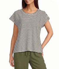 Eileen Fisher Petite Size Striped Organic Cotton Slub Knit Crew Neck Cap Sleeve Tee Top
