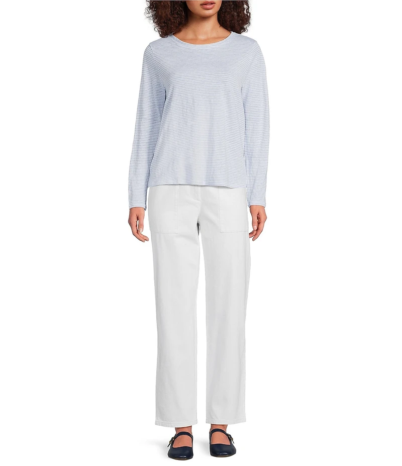 Eileen Fisher Petite Size Striped Organic Linen Jersey Round Neck Long Sleeve Tee