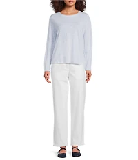 Eileen Fisher Petite Size Striped Organic Linen Jersey Round Neck Long Sleeve Tee