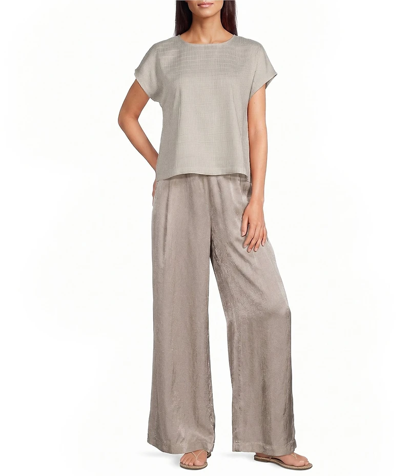 Eileen Fisher Petite Size Striped Organic Linen Sheen Round Neck Cap Sleeve Top