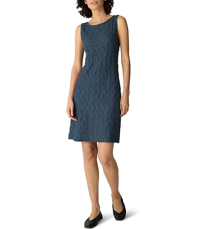 Eileen Fisher Petite Size Textured Bubble Jacquard Boat Neck Sleeveless Sheath Dress