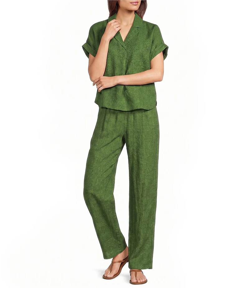 Eileen Fisher Petite Size Textured Organic Linen Pleated Lantern Straight Leg Ankle Pants