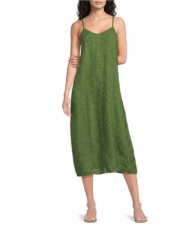 Eileen Fisher Petite Size Washed Organic Linen Delave V-Neck Sleeveless Cami Midi Dress