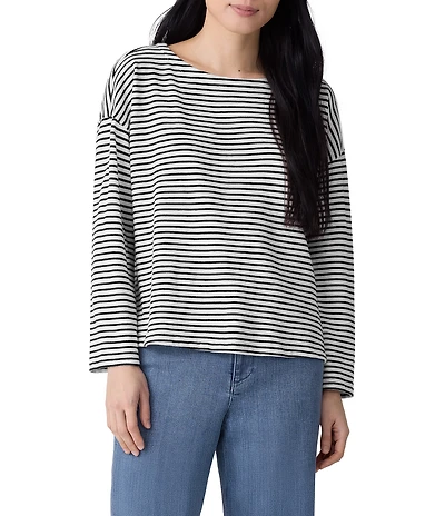 Eileen Fisher Petite Stripe Organic Cotton Slub Knit Boat Neck Long Sleeve Top