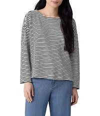 Eileen Fisher Petite Stripe Organic Cotton Slub Knit Boat Neck Long Sleeve Top