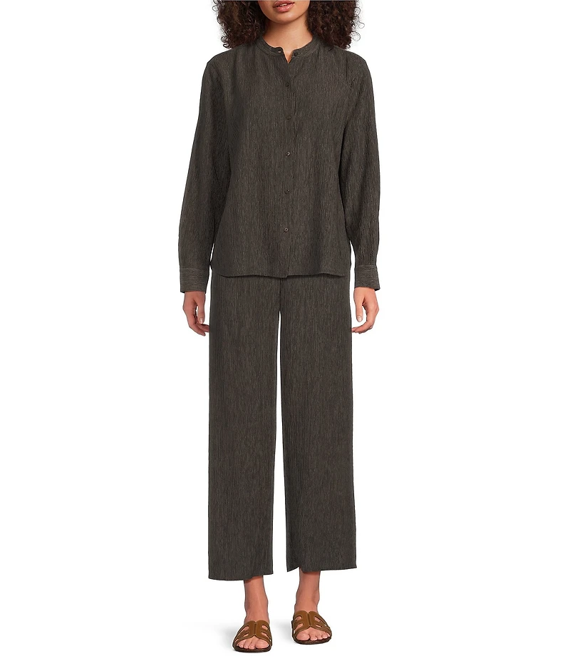 Eileen Fisher Plisse Mandarin Collar Long Sleeve Button Front Shirt