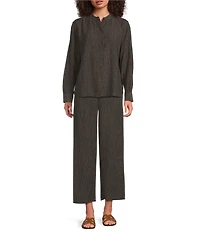 Eileen Fisher Plisse Mandarin Collar Long Sleeve Button Front Shirt
