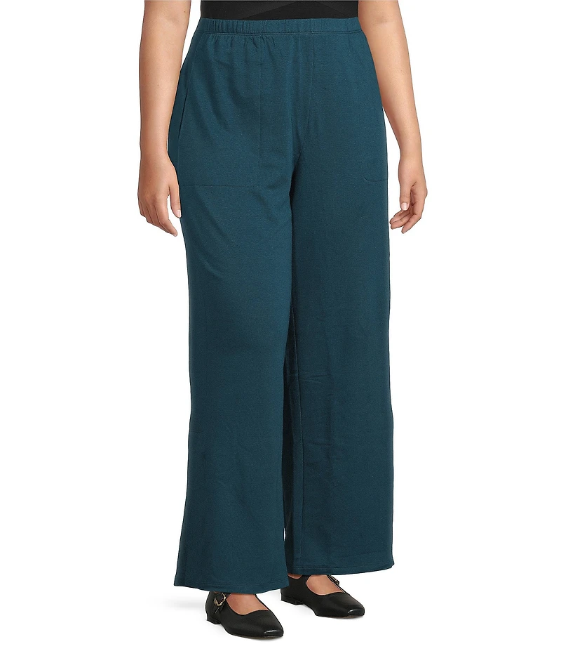 Eileen Fisher Plus Size Organic Cotton Blend Brushed Terry Elastic Waist Straight Side Vent Pants