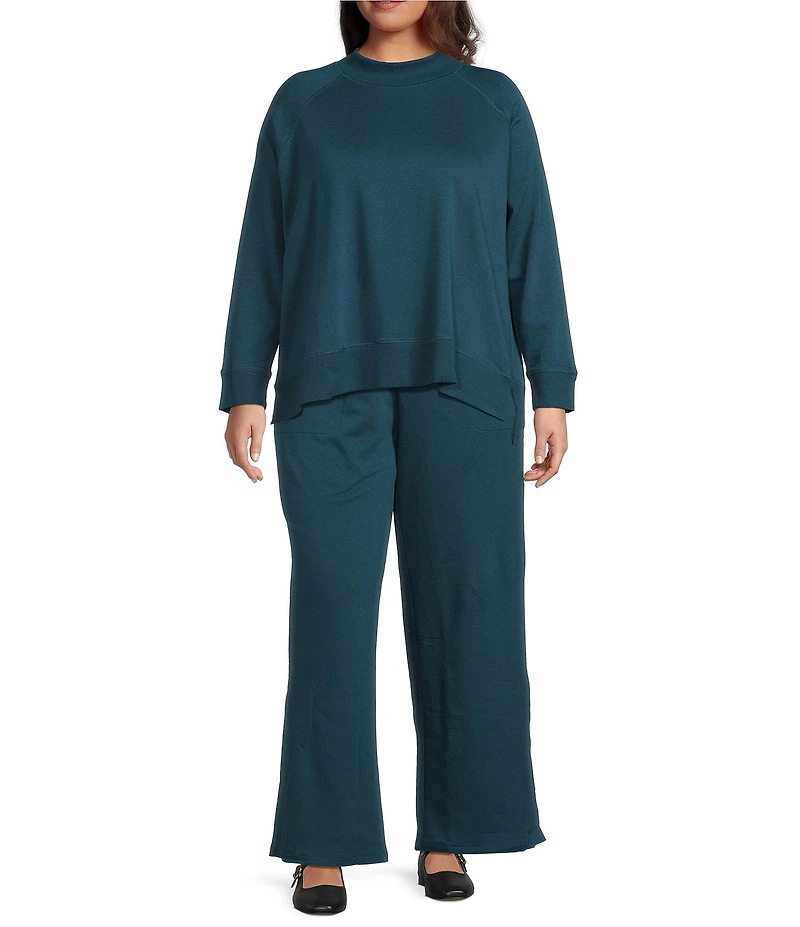 Eileen Fisher Plus Size Organic Cotton Blend Brushed Terry Elastic Waist Straight Side Vent Pants