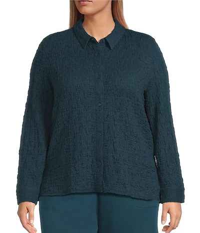 Eileen Fisher Plus Size Organic Cotton Blend Bubble Jacquard Point Collar Long Sleeve Button Front Top