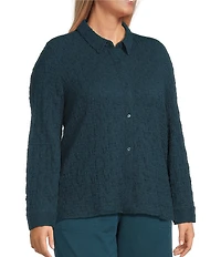 Eileen Fisher Plus Size Organic Cotton Blend Bubble Jacquard Point Collar Long Sleeve Button Front Top
