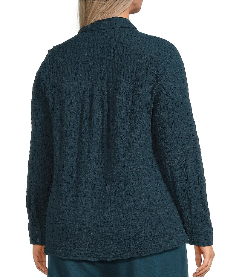 Eileen Fisher Plus Size Organic Cotton Blend Bubble Jacquard Point Collar Long Sleeve Button Front Top