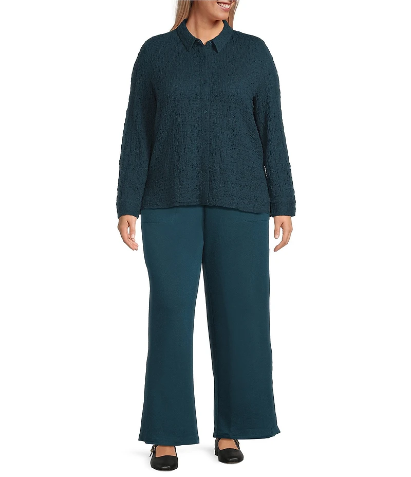 Eileen Fisher Plus Size Organic Cotton Blend Bubble Jacquard Point Collar Long Sleeve Button Front Top
