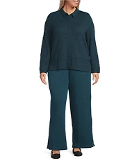 Eileen Fisher Plus Size Organic Cotton Blend Bubble Jacquard Point Collar Long Sleeve Button Front Top