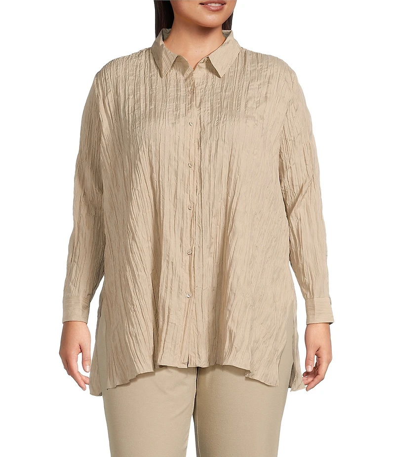 Eileen Fisher Plus Crinkle Silk Classic Collar Long Sleeve Button Down Shirt