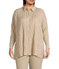 Eileen Fisher Plus Crinkle Silk Classic Collar Long Sleeve Button Down Shirt
