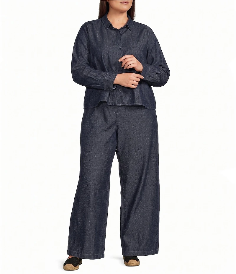 Eileen Fisher Plus Lightweight Denim Point Collar Long Sleeve A-Line Shirt
