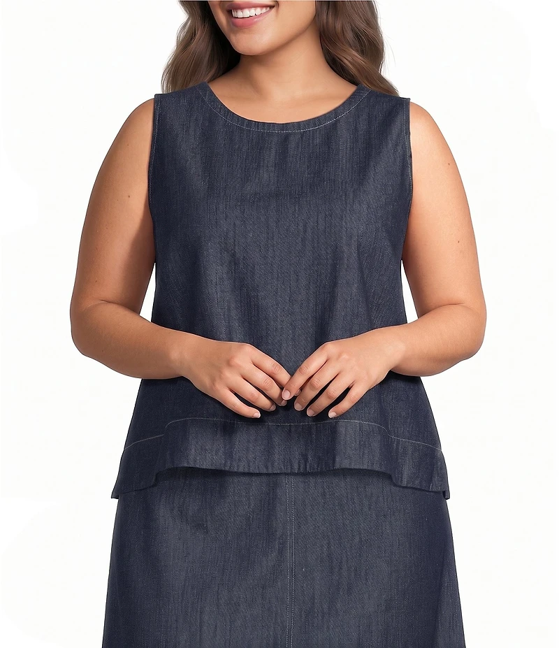 Eileen Fisher Plus Lightweight Denim Round Neck Sleevless Shell Top
