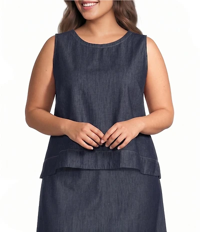 Eileen Fisher Plus Lightweight Denim Round Neck Sleevless Shell Top