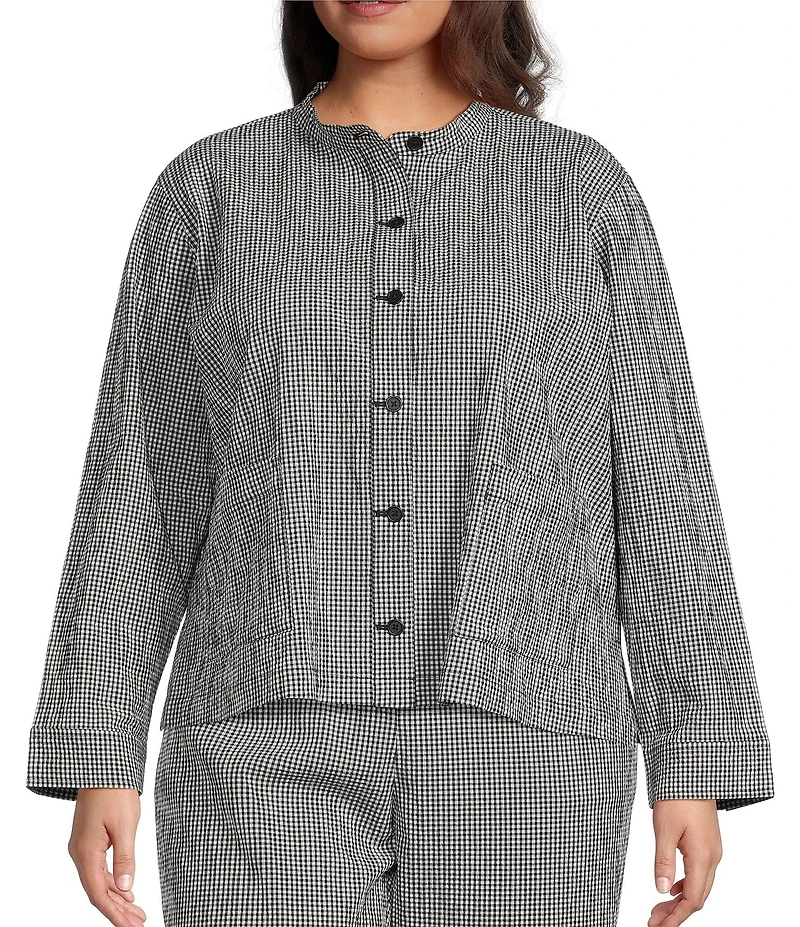 Eileen Fisher Plus Organi Cotton Pucker Check Mandarin Collar Long Sleeve Jacket