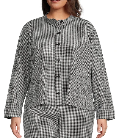 Eileen Fisher Plus Organi Cotton Pucker Check Mandarin Collar Long Sleeve Jacket