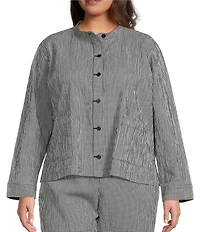 Eileen Fisher Plus Organi Cotton Pucker Check Mandarin Collar Long Sleeve Jacket