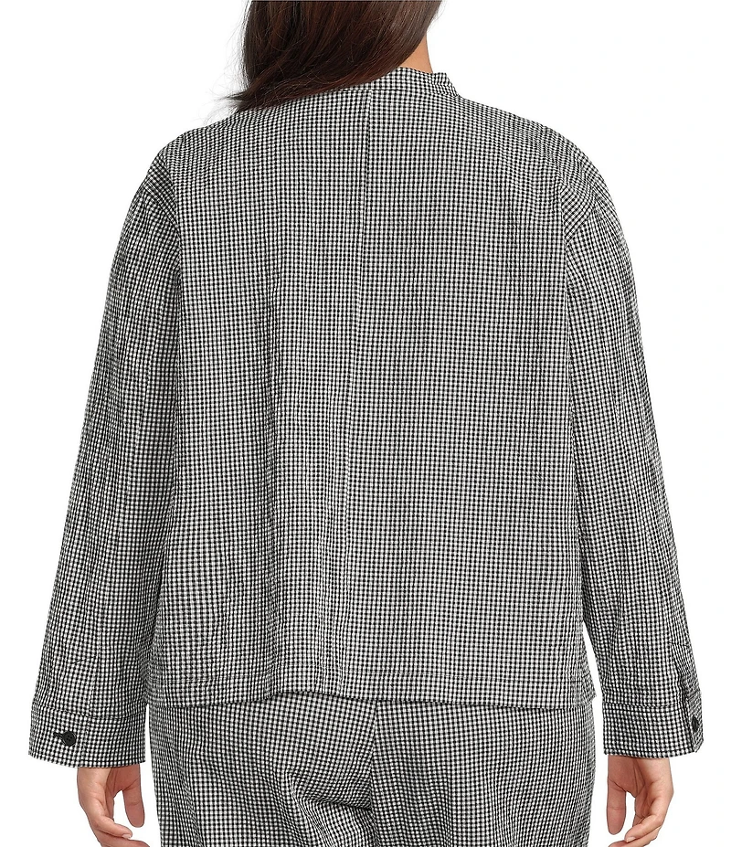 Eileen Fisher Plus Organi Cotton Pucker Check Mandarin Collar Long Sleeve Jacket