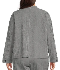 Eileen Fisher Plus Organi Cotton Pucker Check Mandarin Collar Long Sleeve Jacket