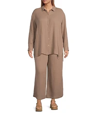 Eileen Fisher Plus Organic Cotton Gauze Point Collar Long Sleeve Top
