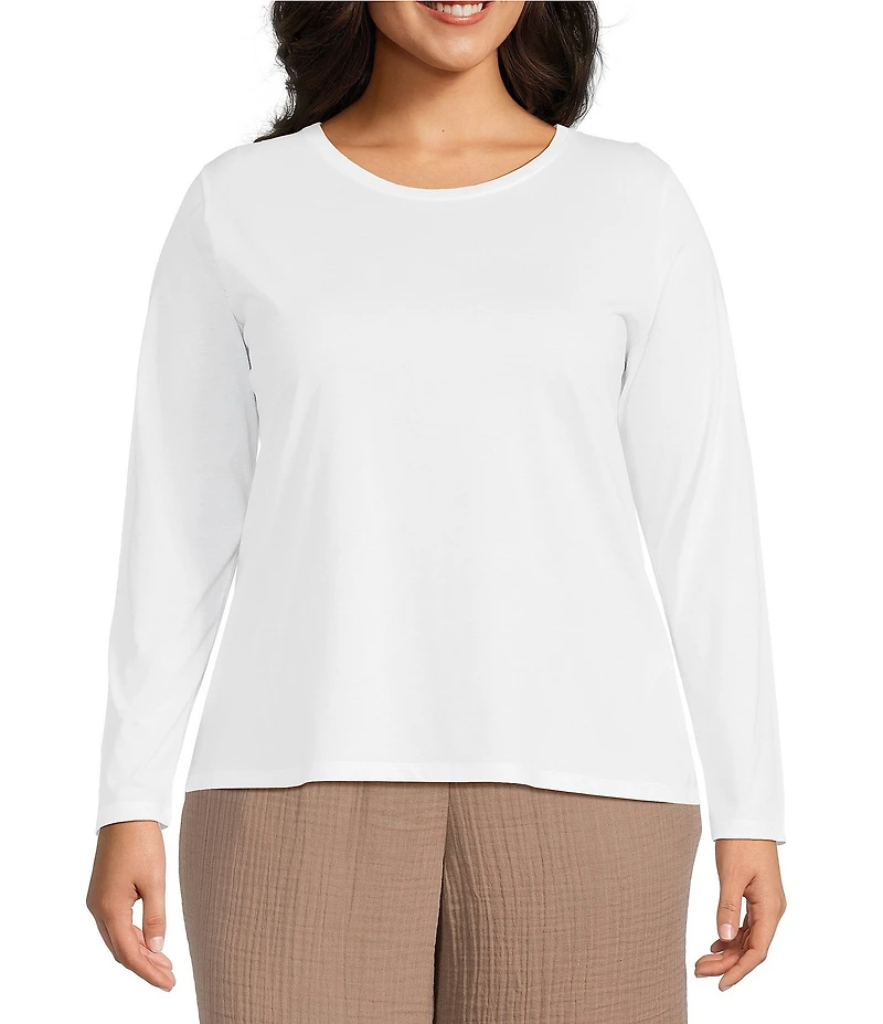 Eileen Fisher Plus Organic Cotton Jersey Knit Round Neck Long Sleeve Top