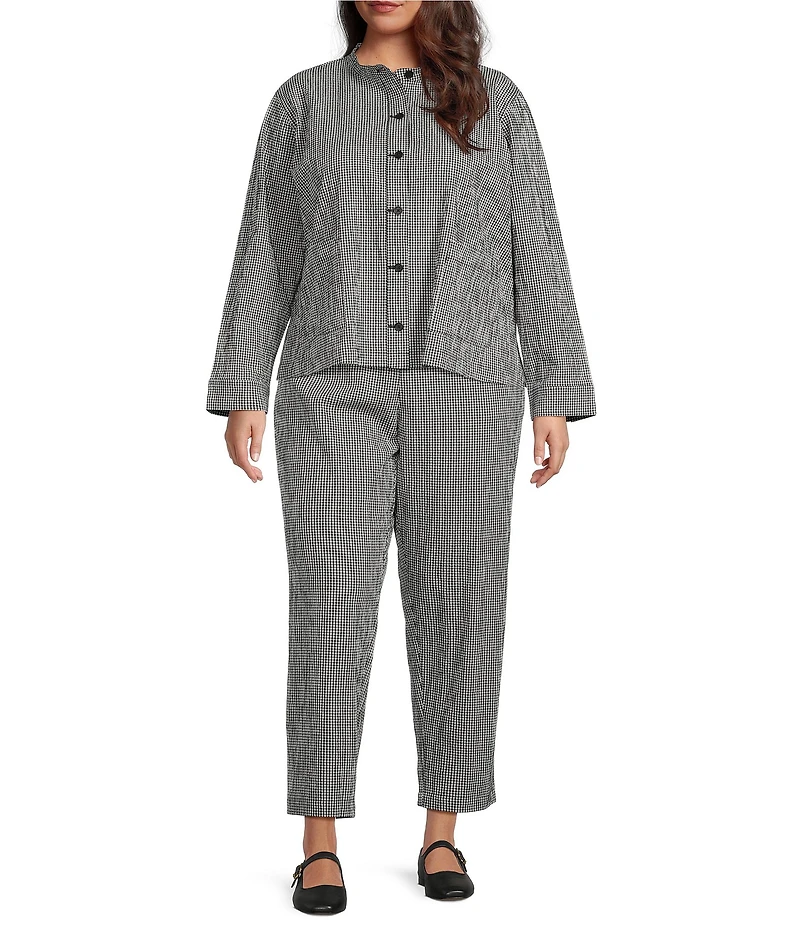 Eileen Fisher Plus Organic Cotton Pucker Check Elastic Waist Tapered Ankle Pants