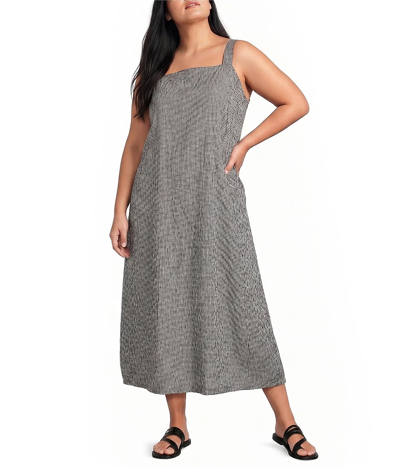 Eileen Fisher Plus Organic Cotton Pucker Check Square Neck Sleevless Lantern Dress