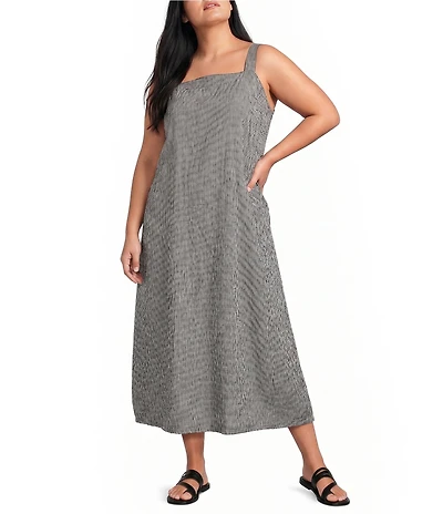 Eileen Fisher Plus Organic Cotton Pucker Check Square Neck Sleevless Lantern Dress