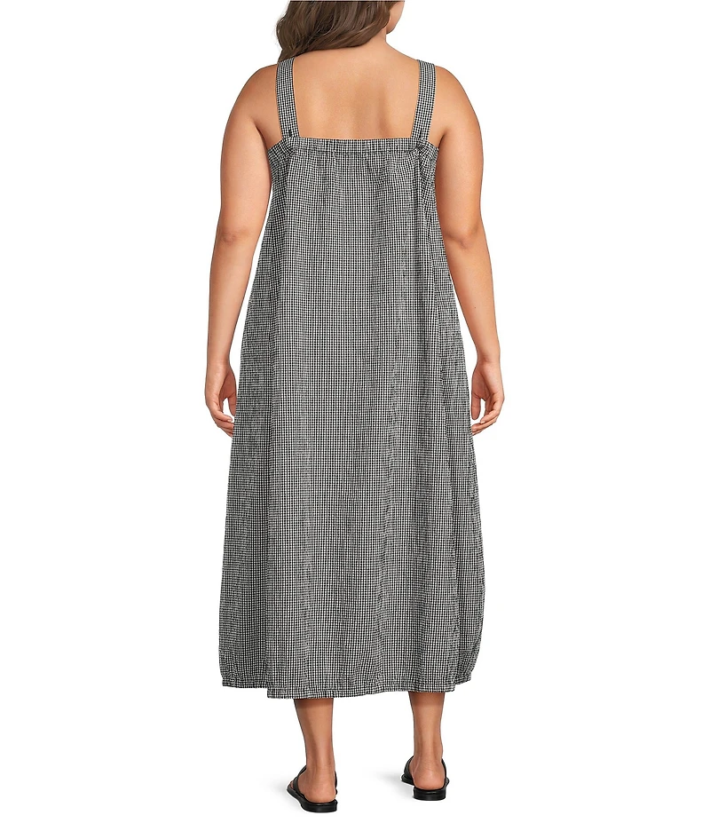 Eileen Fisher Plus Organic Cotton Pucker Check Square Neck Sleevless Lantern Dress