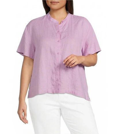 Eileen Fisher Plus Organic Handkerchief Linen Mandarin Collar Short Sleeve Button Front Shirt