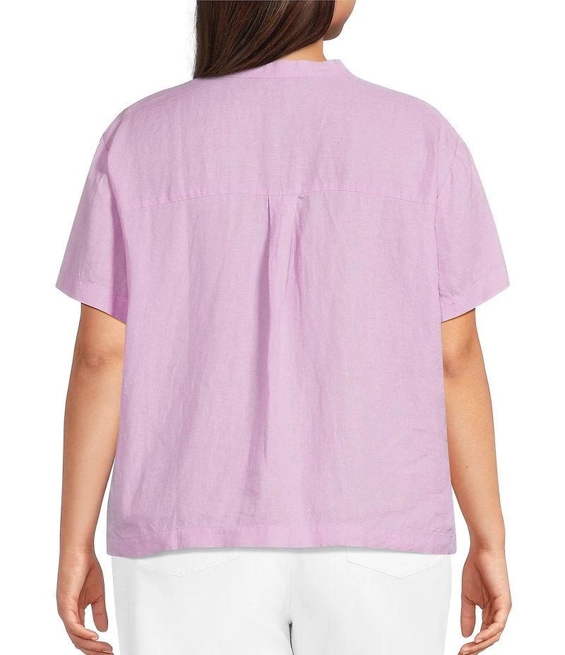 Eileen Fisher Plus Organic Handkerchief Linen Mandarin Collar Short Sleeve Button Front Shirt