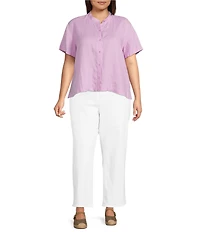 Eileen Fisher Plus Organic Handkerchief Linen Mandarin Collar Short Sleeve Button Front Shirt