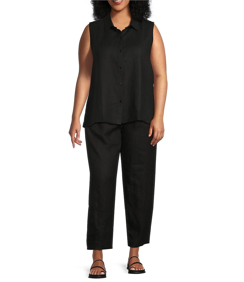 Eileen Fisher Plus Organic Handkerchief Linen Point Collar Sleeveless Button Front Shirt