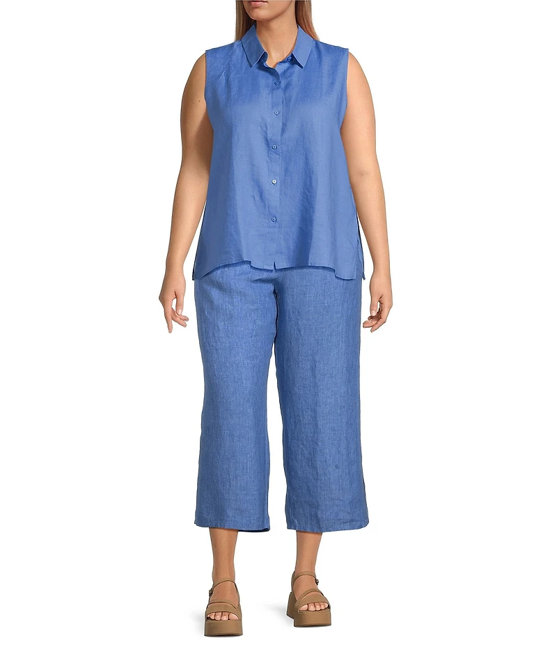 Eileen Fisher Plus Organic Handkerchief Linen Point Collar Sleeveless Button Front Shirt