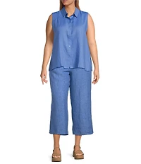 Eileen Fisher Plus Organic Handkerchief Linen Point Collar Sleeveless Button Front Shirt