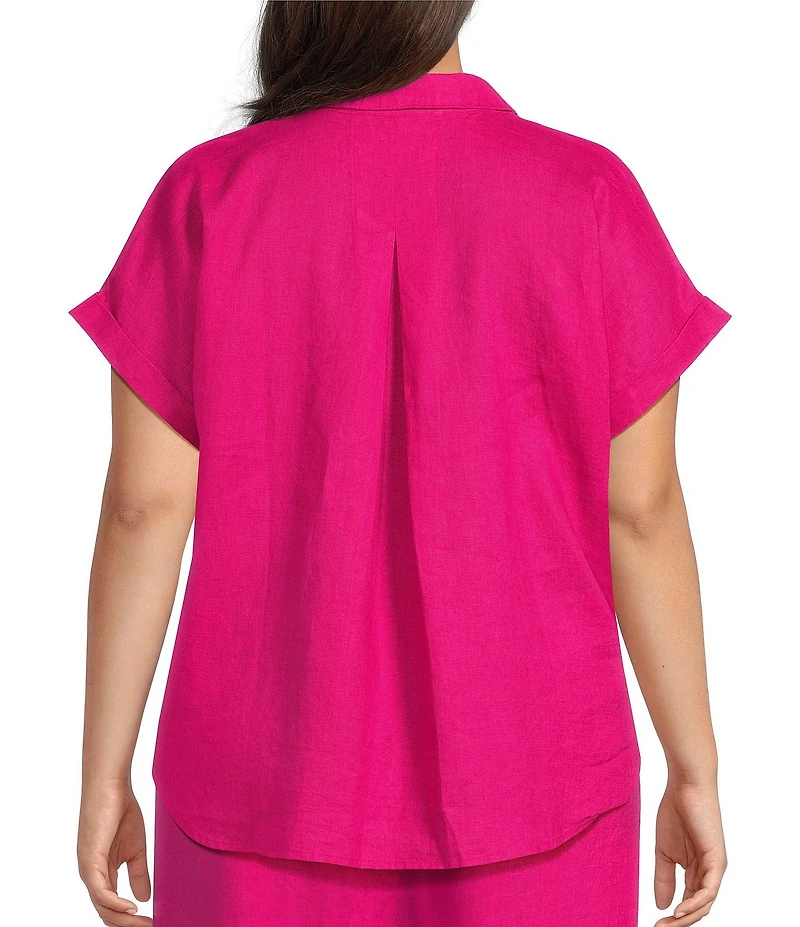 Eileen Fisher Plus Organic Linen Notch Collar V-Neck Short Sleeve Top