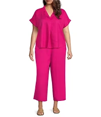 Eileen Fisher Plus Organic Linen Notch Collar V-Neck Short Sleeve Top